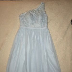 Long, light blue, one shoulder bridesmaid dress